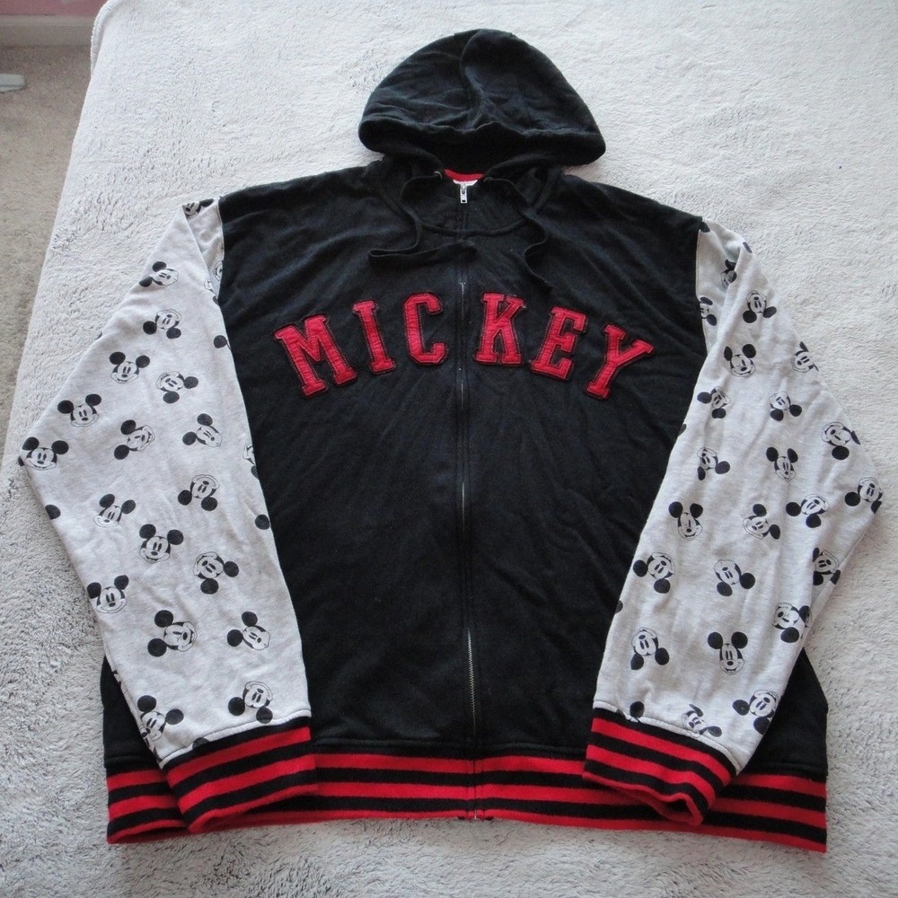 Disney Store Mickey Mouse Full Zip Hoodie Black Grey Red Stripe Plus Size 4XL